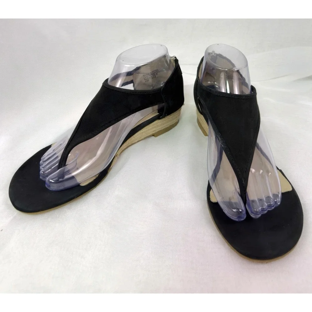 Michael Kors Black Leather T Strap Espadrille Wedge Sandals Womens Size 7.5M